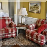 F12. Pair of Broyhill plaid club chairs. 35”h x 41”w x 39”d 